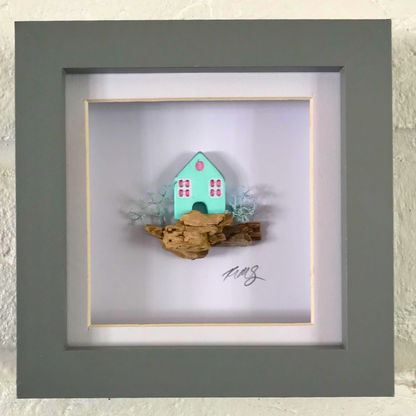 Mini Coastal House – Handcrafted Clay Artwork in Grey Box Frame (10×10 cm)